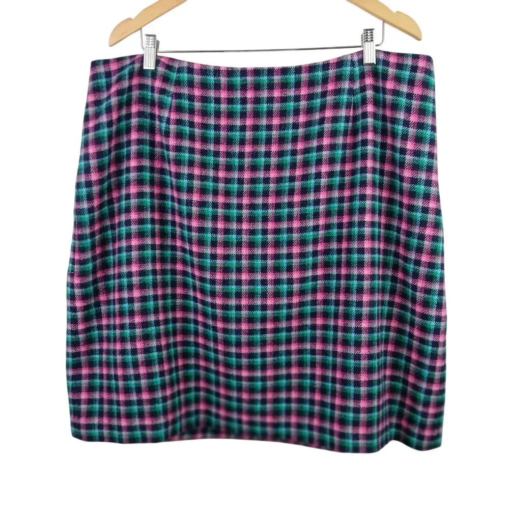 Talbots Plus SZ 18W Wool Blend Check Plaid Mini Skirt in Black-Pink-Aqua